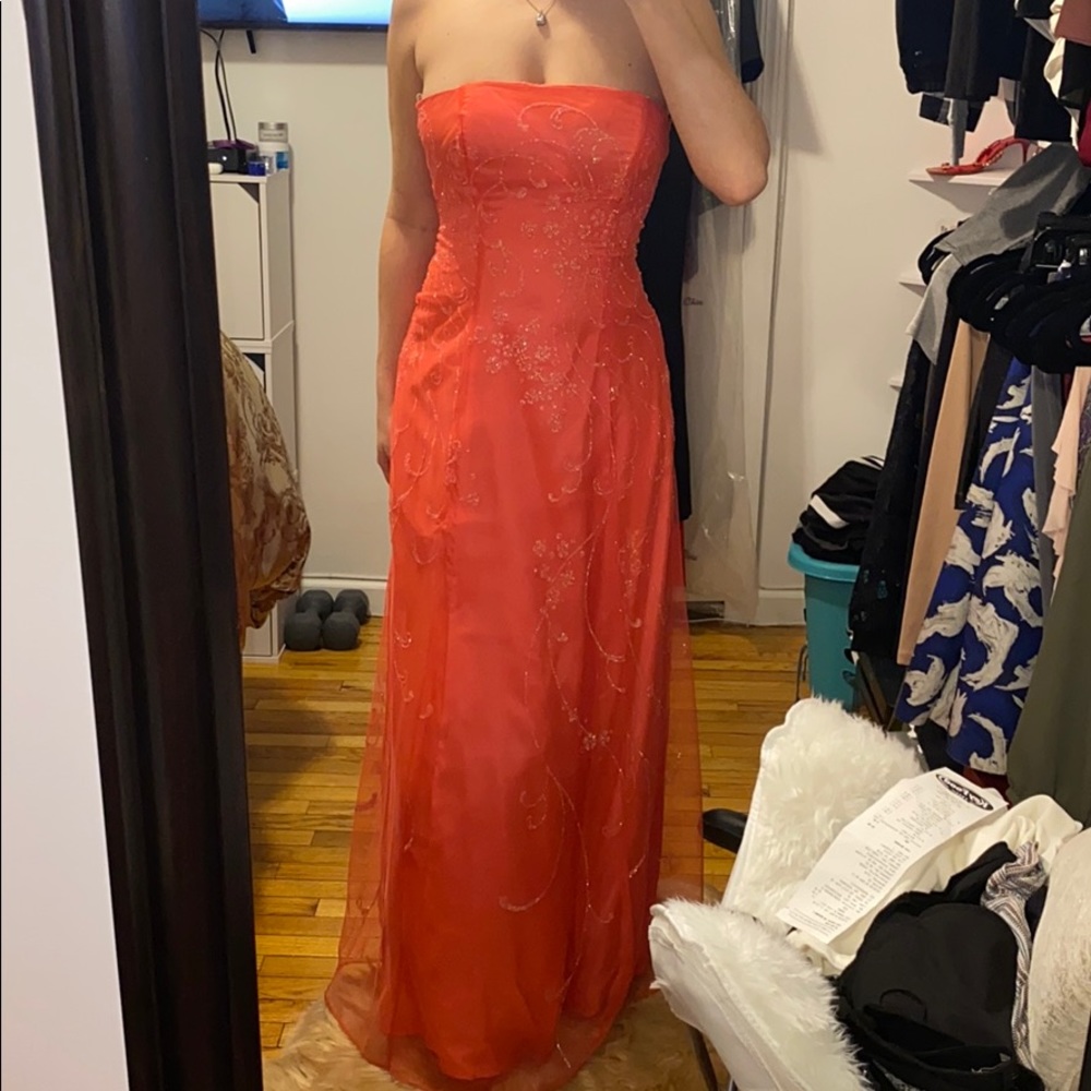 Coral strapless embroidered gown